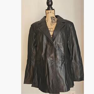 J. Peterman BlackBlazer Jacket 100% Genuine Leather Maroon Lining Womens Sz XL.